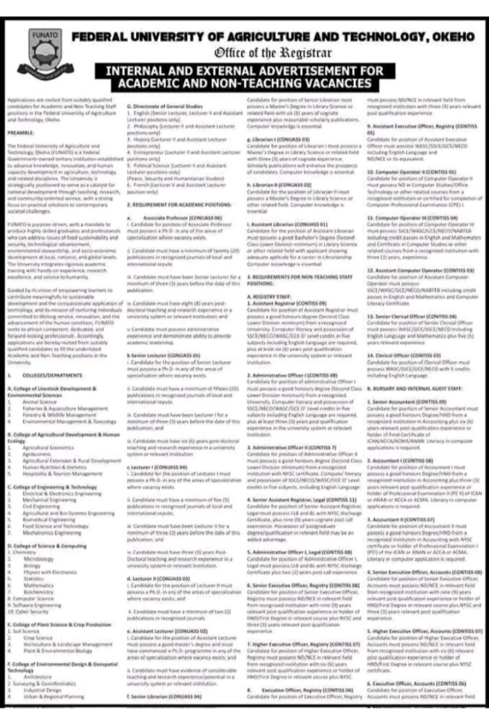 FUNATO Okeho 2026 Recruitment for Academic and Non-teaching Vacancies 